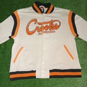 Crooks & Castles Varsity Jacket Men Large Beige Bomber Sherpa Fleece Lined Snap